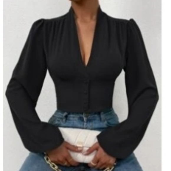 Womans crop long sleeve crop top dressy blouse black 2 styles New - Picture 1 of 2